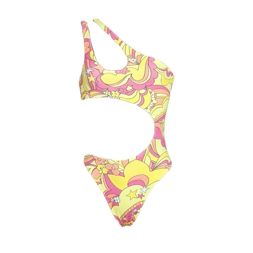 NEW FRANKIES BIKINIS Makie Terry One Piece Swim, Peace Terry, XS